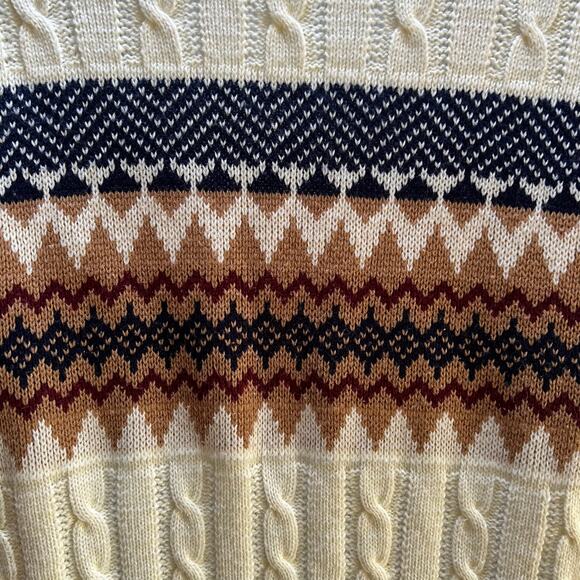 Vintage 90s JCPenney Fair Isle Sweater XL Tall Cream Cable Knit Grandpa Pullover - Picture 3 of 7